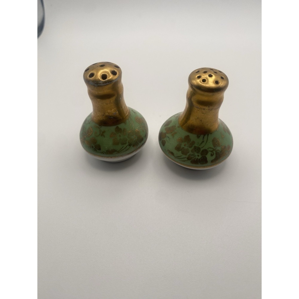 Porcelain Green & Gold Salt And Pepper Shakers VTG Hand-painted Japanese W Corks